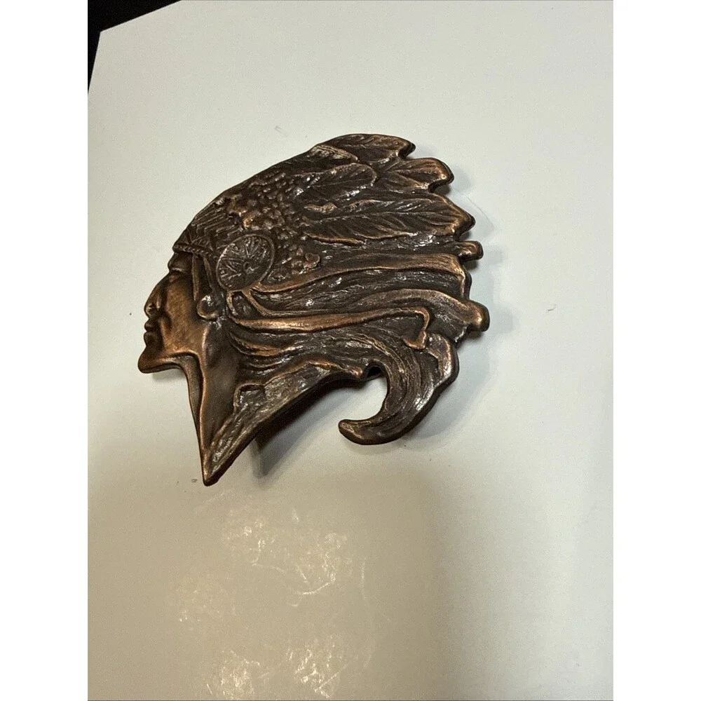 Vintage Brass Indian Head Belt Buckle Western Americana Native American